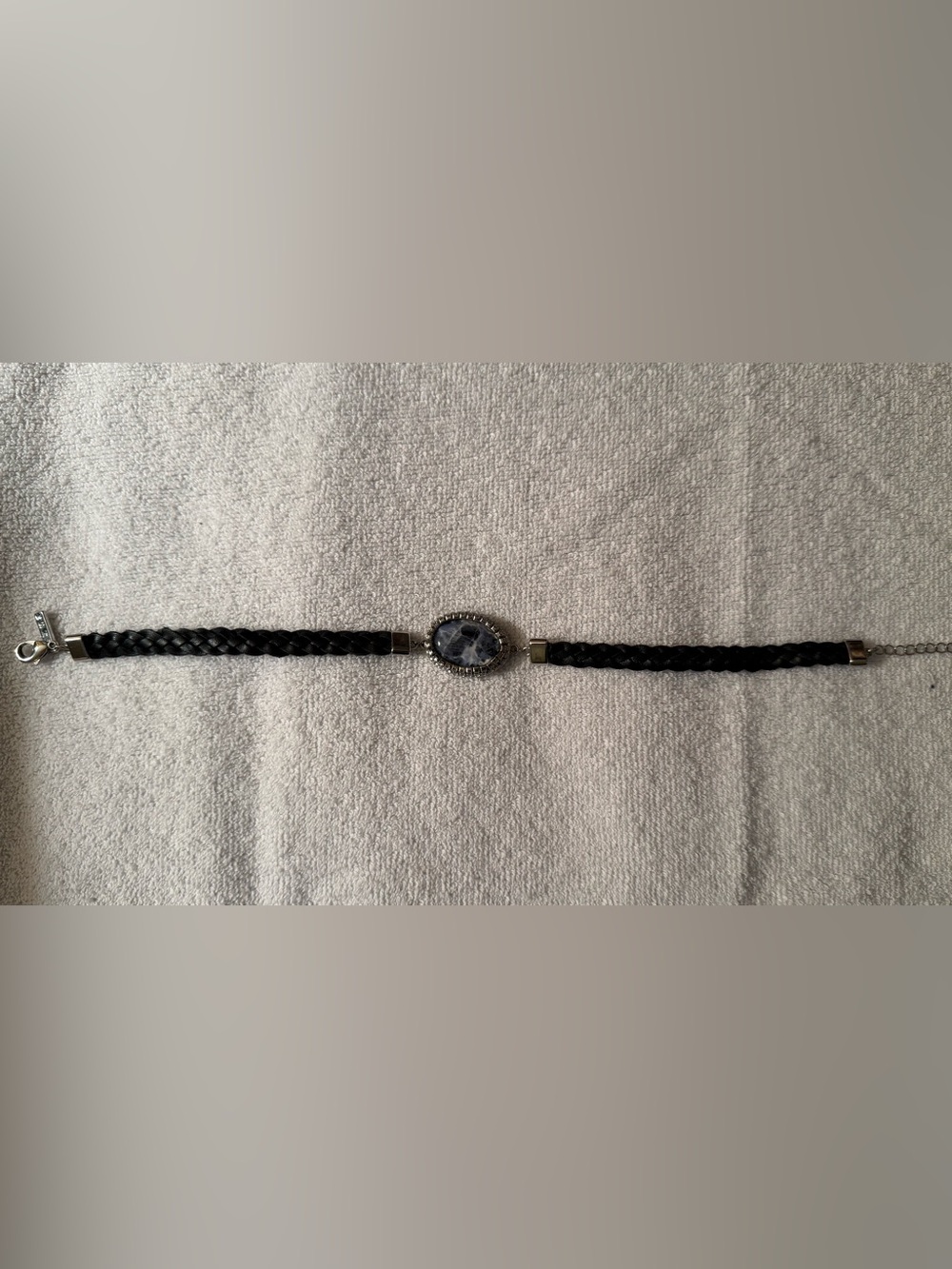 Braided Black Leather Choker Necklace with Oval Stone Accent